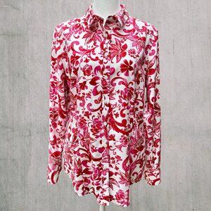 Chico’s No Iron Shirt Sz 1 Red Pink Floral Paisley Button Up Y2K Cotton Stretch